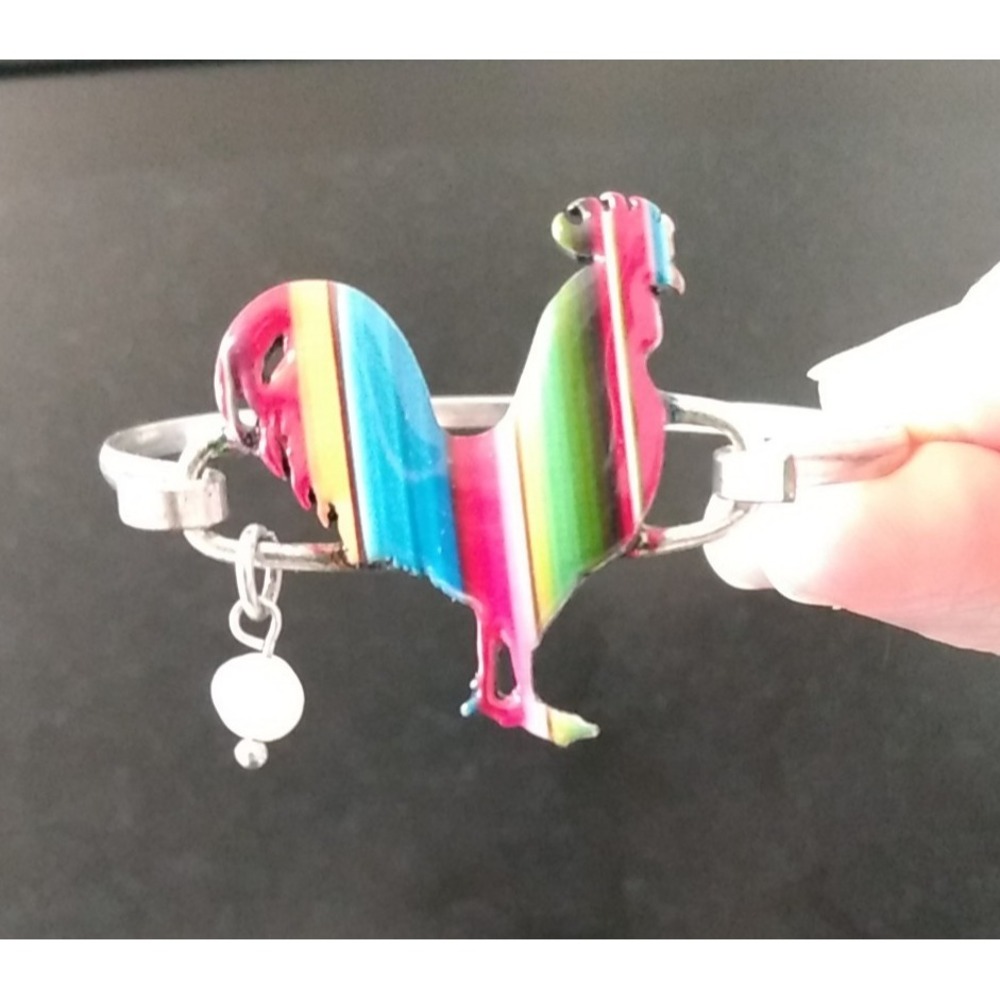 Vintage Rainbow Striped Rooster Chicken Bracelet Bangle CUTE!